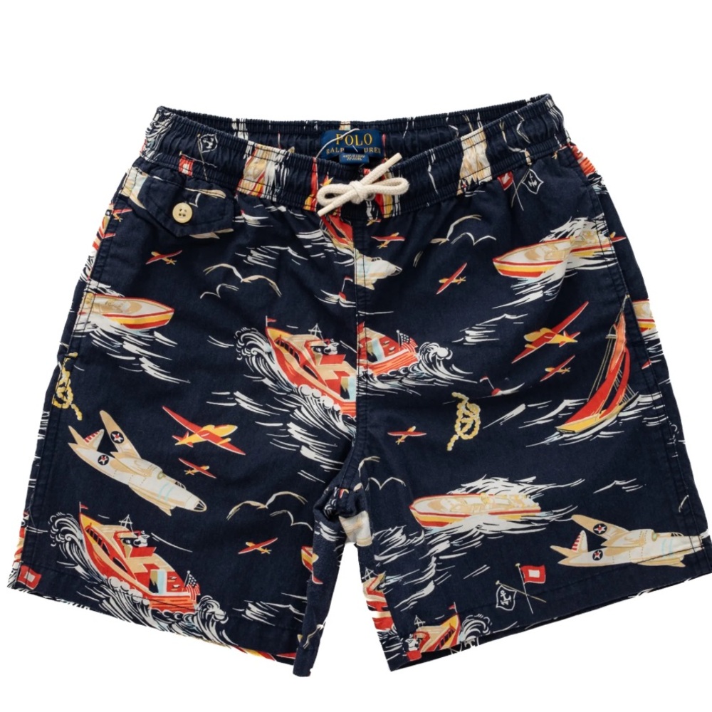 Polo by Ralph Lauren Navy Swim Trunks with Red & Cream Nautical Print